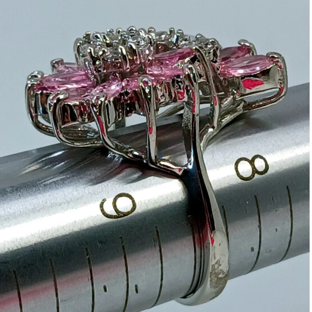 Vintage 1990s Pink Marquise Floral Swirl Cocktail Ring Silver Statement Size 8.5